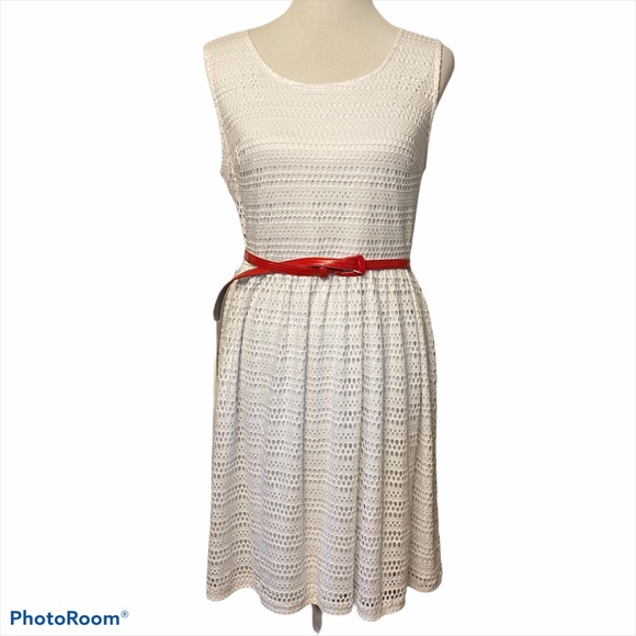 white dress with red belt